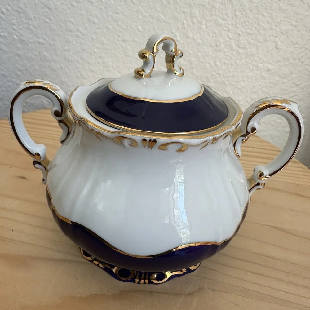 Zsolnay Hungary Pompadour III‎ Demitasse Sugar Bowl 4.25 Inch Blue 18kt Gilded